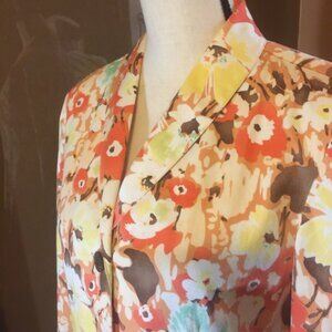 Sz14 Coldwater Creek Floral Peach Brown Orange Yellow Button Cotton Retro Blazer